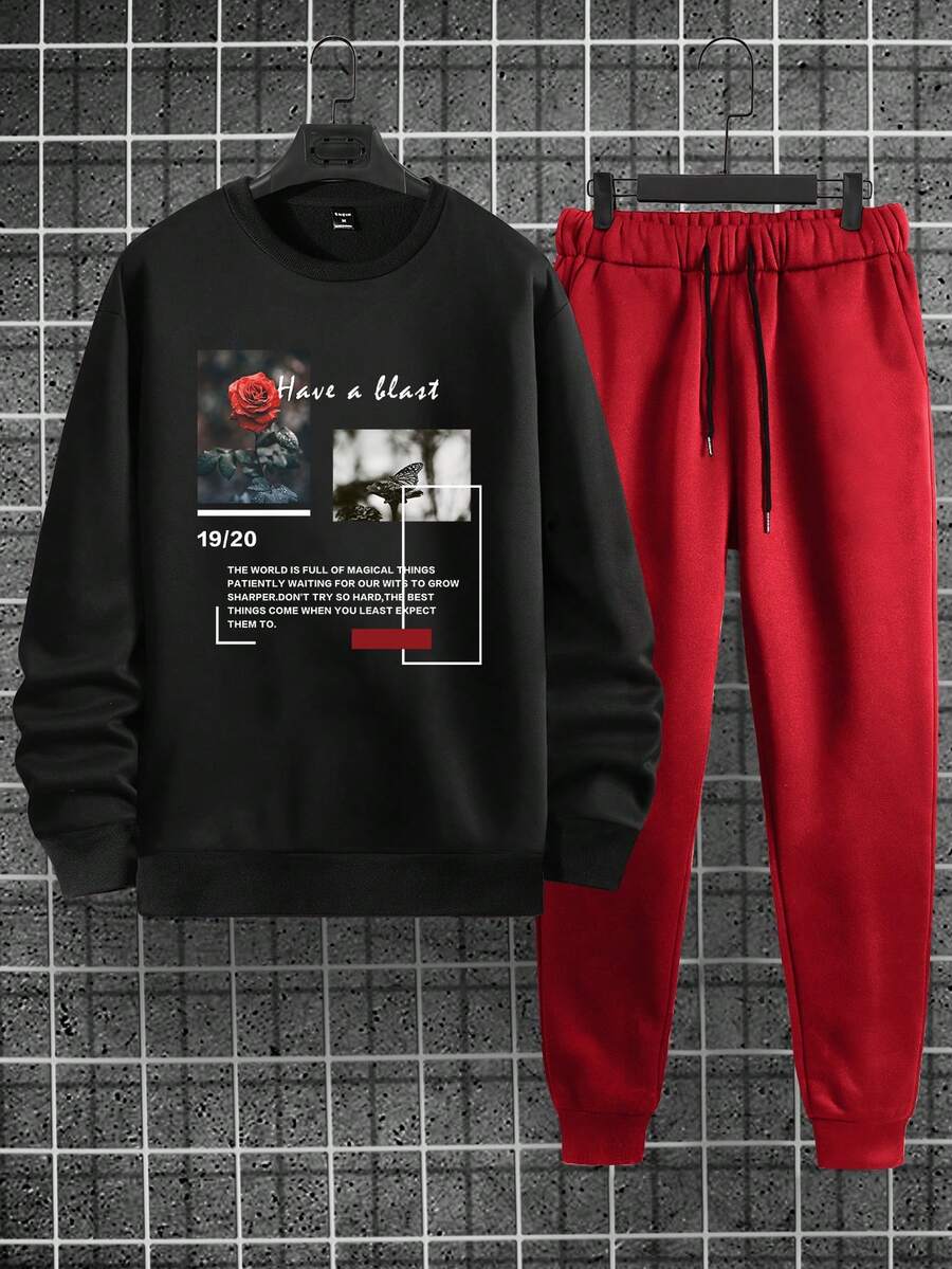 Manfinity Hypemode Men Slogan Graphic Sweatshirt & Sweatpants - Multicolor - View 1