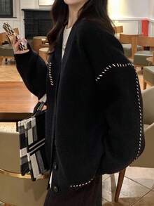 撞色滚边落肩宽松开衫，长袖上衣，休闲黑色 - 黑色 - 查看 2