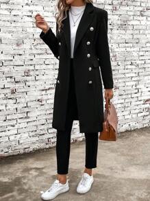 SHEIN Clasi 西裝領雙排釦花呢外套 - 黑色 - 查看 6