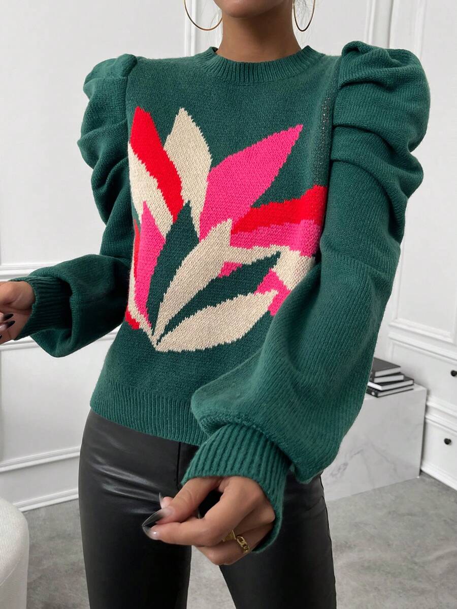 Chiquease Áo len dài tay họa tiết hoa mùa thu đông. - màu xanh lá - Xem 1