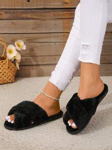 Của phụ nữ Sang trọng Màu thuần Dép đi trong nhà Đối với Mùa thu Và Mùa Đông - màu đen - Xem 2