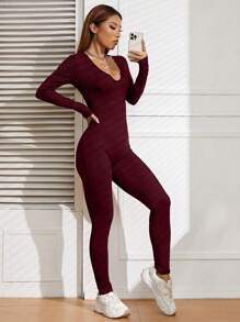 SHEIN EZwear Notched Neckline Unitard Jumpsuit Fall Cloth For Women - Burgundy - View 4