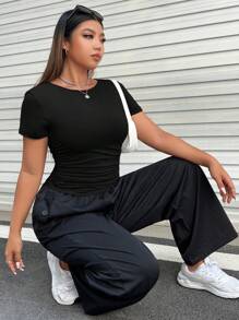 SHEIN EZwear Plus Solid Ruched Side Tee - Black - View 4