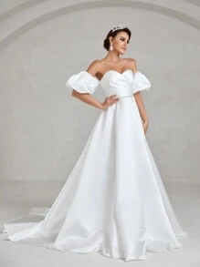 Faeriesty Off Shoulder Puff Sleeve Satin Wedding Dress - White - View 5