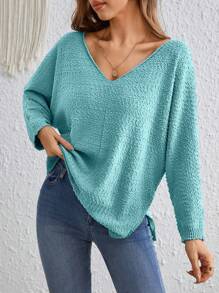 SHEIN VCAY Solid Drop Shoulder Sweater - Teal Blue - View 3