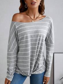 SHEIN LUNE 條紋印花扭結下擺T恤 - 彩色 - 查看 6