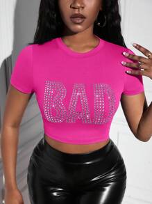 Slaydiva Rhinestone Letter Pattern Crop Tee - Hot Pink - View 6