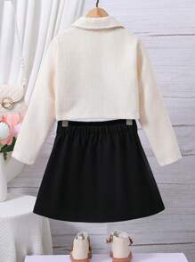 SHEIN Tween Girl Flap Pocket Jacket & Button Front Skirt - Black and White - View 2