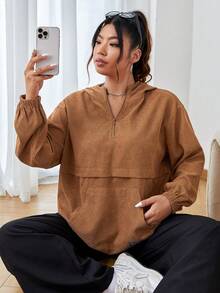 SHEIN EZwear Hơn Chi tiết Patched thư Túi kangaroo Thả vai áo có mũ Áo khoác - Màu Khaki - Xem 4