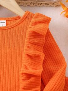 SHEIN 女童荷葉邊 T 恤和打底褲 - 橘色 - 查看 4