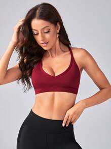 Menodora SHEIN Sport Solid Strappy Back Sports Bra - Burgundy - View 4