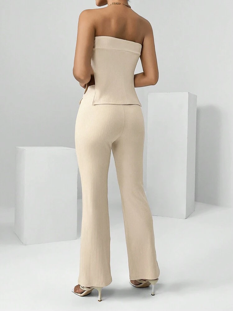 Solid Split Hem Tube Top & Flare Leg Pants