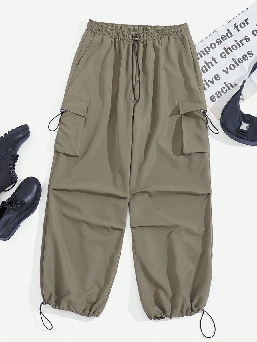 SHEIN EZwear Quần Plus Size Túi Dây kéo màu trơn Giải trí - xanh quân đội - Xem 1