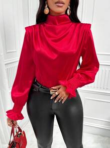 SHEIN Lady Blusa de cuello alto fruncido de satén - Rojo - Ver 1