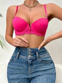SHEIN Contrast Lace Underwire Bra - Hot Pink - View 4