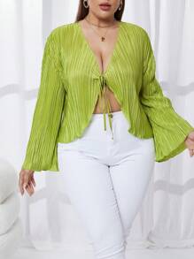 SHEIN Privé Plus Tie Front Trumpet Sleeve Plisse Blouse - Green - View 1