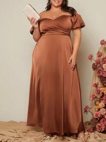 SHEIN Belle 大碼一字肩泡泡袖伴娘洋裝 - 咖啡棕 - 查看 2