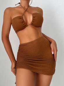 Swim Basics Summer Beach Criss Cross Halter Bra & Swim Bottom Bikini Set With Beach Cover Up Skirt Bathing Suit