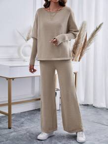 Chiquease 蝙蝠袖毛衣和針織褲 - 卡其色 - 查看 4