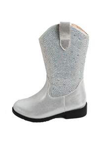 女孩潮流時尚靴子，扁平圓頭，學生鞋，兒童時尚靴子牛仔靴 - 銀色 - 查看 6