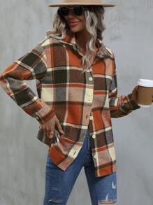 SHEIN LUNE 格纹印花落肩衬衫、长袖上衣 - 橘色 - 查看 4