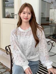 DAZY 素色落肩袖蕾絲運動衫不附吊帶上衣 - 白色 - 查看 3