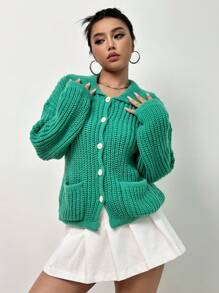 Flirla Dual Pocket Drop Shoulder Cardigan - Green - View 6