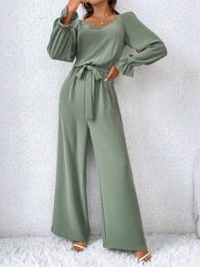 SHEIN Frenchy Contrast Lace Tie Back Flare Sleeve Wide Leg Jumpsuit Winter Elegant Green Christmas - Green - View 2
