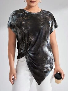 SHEIN LUNE Plus Tie Dye Asymmetrical Hem Tee - Multicolor - View 3