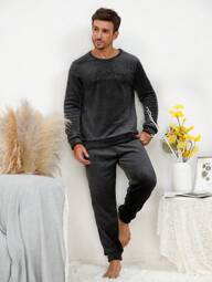 Conjunto de pijama de franela con bordado de letras para hombres / Conjunto de pijama esponjoso, ropa cálida de otoño e invierno