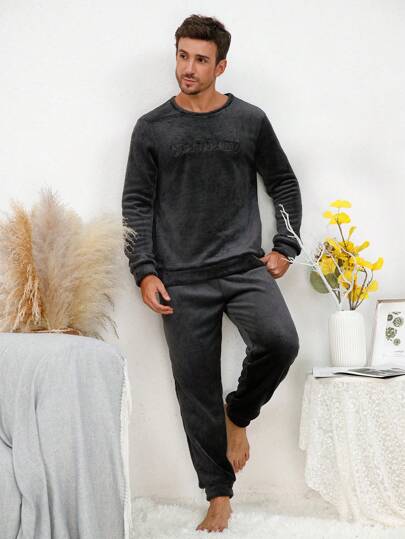 Men Letter Embroidery Flannel PJ Set / Fluffy Pajama Set, Fall Winter Clothes