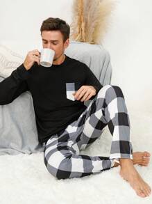 男士水牛格子印花睡衣套装/睡衣套装，秋季服装 - 彩色 - 查看 5