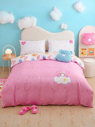 SHEIN X Care Bears 心形泰迪熊粉色双面羽绒被套装、礼品