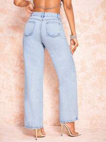 SHEIN BAE Quần jean ống đứng có túi nghiêng - Màu xanh lam - Xem 2