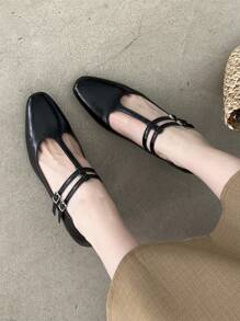 女士珍風格方頭帶扣厚底單鞋,帶扣裝飾芭蕾平底鞋,法式風格,適用於春夏秋季戶外穿著,黑色 - 黑色 - 查看 6