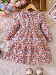 SHEIN Young Girl Ditsy Floral Print Lace Insert Layered Ruffle Hem Dress - Multicolor - View 2