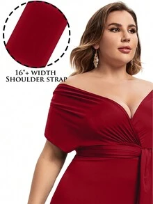 Plus Off Shoulder Belted Dress - Burgundy - View 3