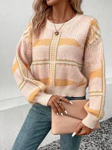 SHEIN Essnce 格紋圖案落肩袖套頭毛衣 - 彩色 - 查看 4