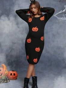 Váy len bó sát họa tiết bí ngô Halloween cho bà bầu, dành cho mùa đông - màu đen - Xem 3
