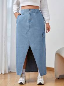 SHEIN EZwear Plus Flap Pocket Denim Skirt - Medium Wash - View 1