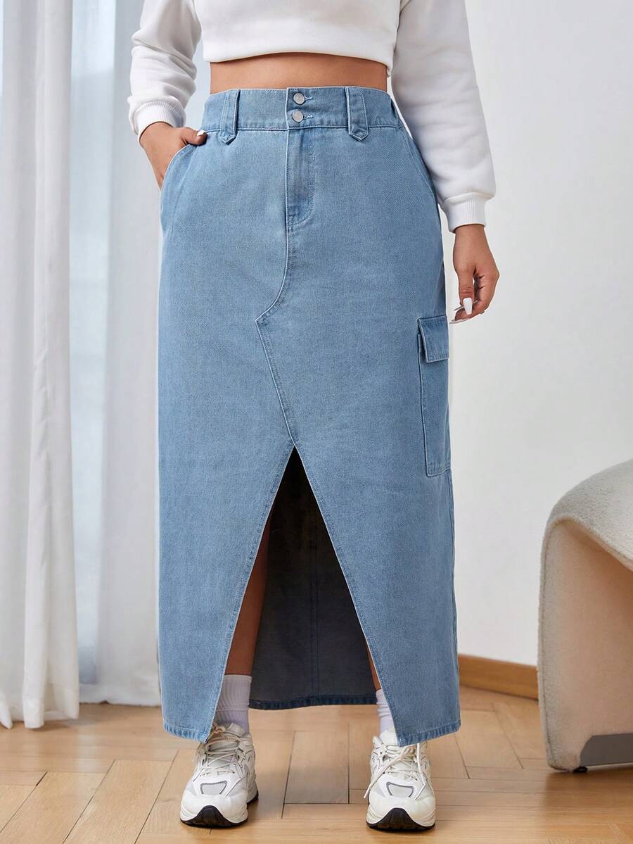 SHEIN EZwear Plus Flap Pocket Denim Skirt - Medium Wash - View 1