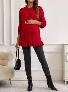 SHEIN Maternity Cable Knit Drop Shoulder Ruffle Hem Sweater, For Winter - Red - View 6