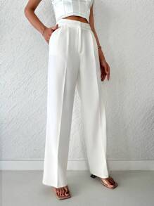 RueChic Solid Zipper Fly Straight Leg Pants - White - View 3