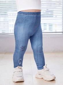 SHEIN Bebé niña Leggings efecto denim con estampado de cintura elástica