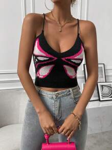 Chiquease 1pc Butterfly Pattern Cami Knit Top - Black - View 3