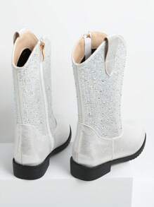 女孩潮流時尚靴子，扁平圓頭，學生鞋，兒童時尚靴子牛仔靴 - 銀色 - 查看 2