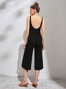 Open Back Tie Waist Capri Jumpsuit - Black - View 2