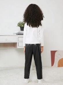 年轻女孩运动休闲纯色胡萝卜造型仿皮裤 - 黑色 - 查看 2