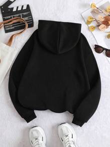 SHEIN EZwear 袋鼠口袋抽绳保暖内衬连帽衫，长袖上衣 - 黑色 - 查看 2