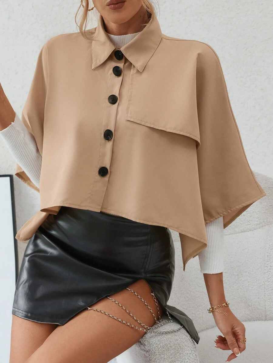 SHEIN Privé Batwing Sleeve Asymmetrical Hem Cape Trench Coat - Khaki - View 1